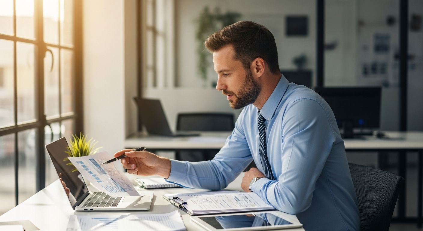 Business owner reviewing cash flow statements and financial documents at a modern office desk, preparing for a business loan application