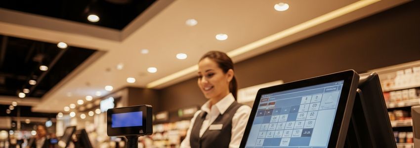 Business owner at cash register system reviewing financing options for POS equipment