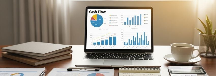 Small business owner reviewing cash flow statements and financial reports