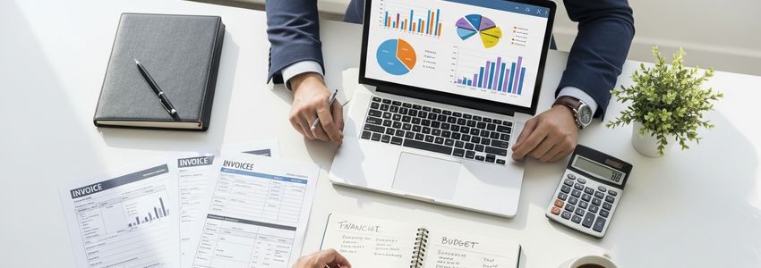 Small business owner reviewing cash flow statements and financial planning documents