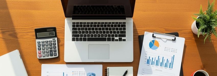 Small business owner reviewing cash flow financial reports at office desk