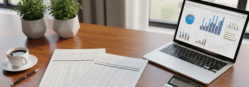 Business professional reviewing financial documents and cash flow statements in a modern office