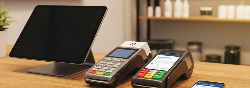 Small business owner using a modern POS payment terminal system for cashless digital transactions
