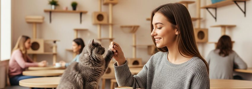 Customer enjoying coffee while petting a cat at a cozy cat cafe