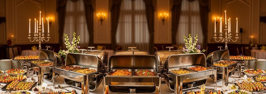 Professional catering buffet setup at an elegant corporate event venue