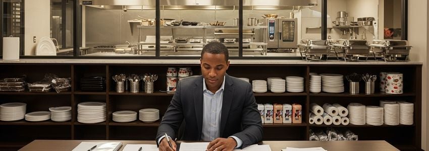 Catering business owner reviewing loan documents at office desk with commercial kitchen equipment in background