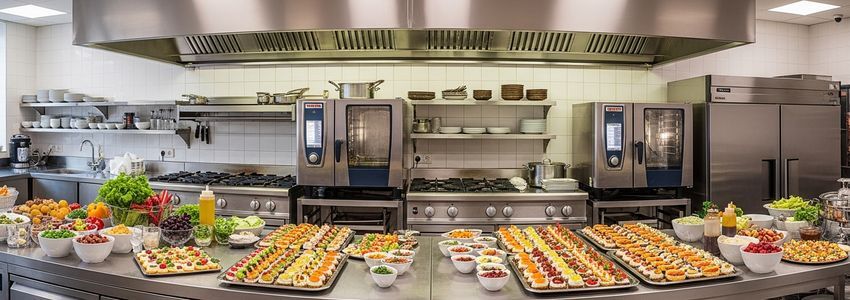 Professional catering commercial kitchen with food preparation for events and catering services