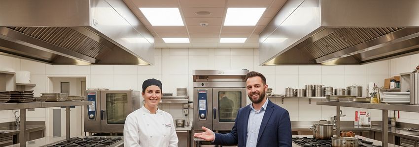 Catering business owners discussing financing options in a professional kitchen