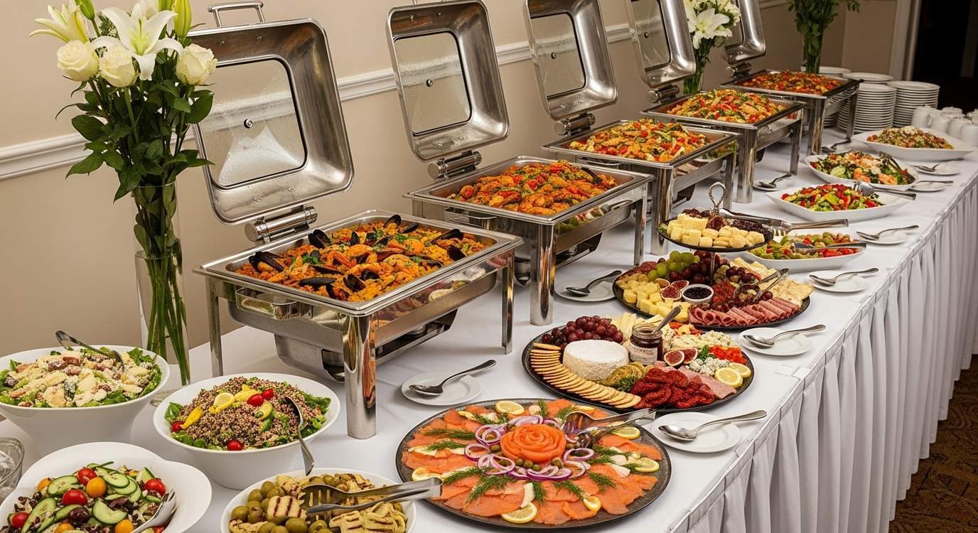 Catering team setting up a professional event buffet with chafing dishes and elegant food presentation
