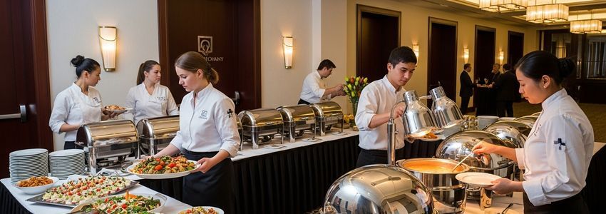 Professional catering team setting up warming stations and serving equipment at a corporate event