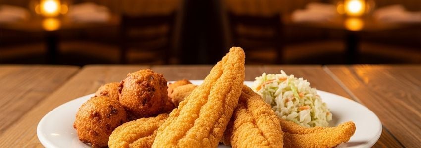 Golden fried catfish with hushpuppies and coleslaw at a catfish restaurant