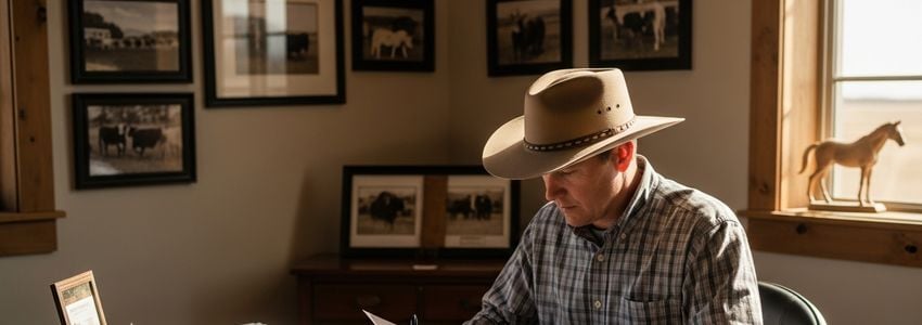 Cattle rancher reviewing loan documents on ranch
