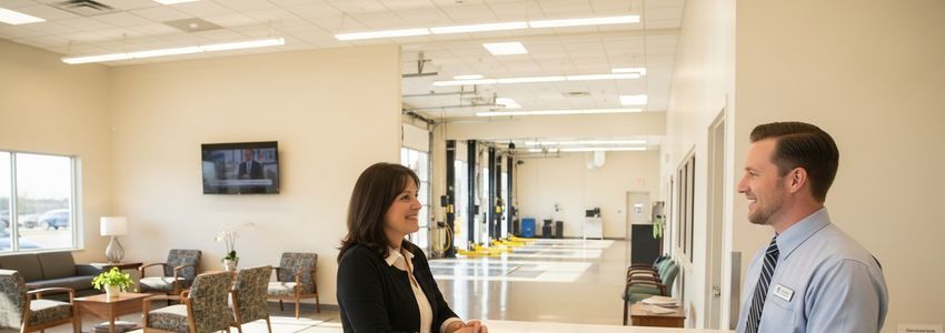 Franchise owner reviewing CBA financing options with automotive service advisor