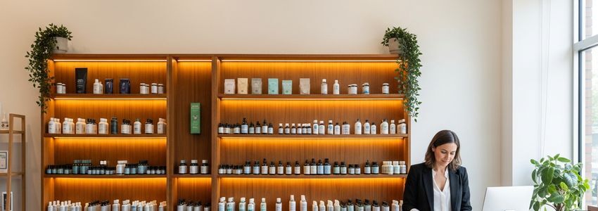 CBD retail store with business owner working on laptop reviewing financing options