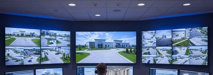 CCTV security technician monitoring commercial property surveillance feeds in a professional control room