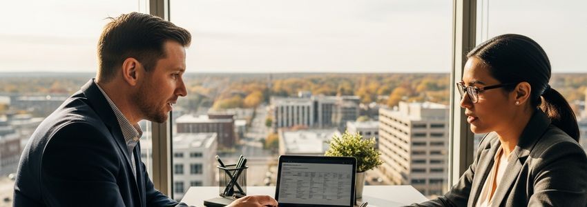 Small business owner in Cedar Rapids, Iowa reviewing financing options at office desk