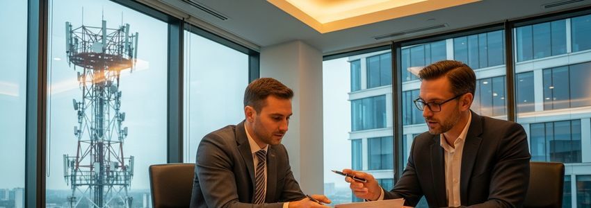 Business professionals reviewing cell tower lease financing documents with telecom infrastructure visible