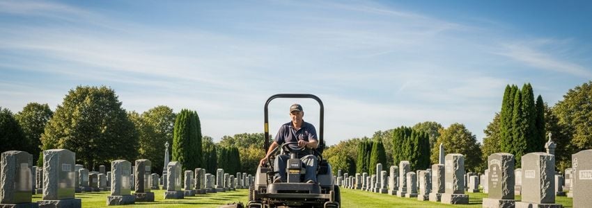 Cemetery grounds maintenance worker using commercial mowing equipment for daily operations
