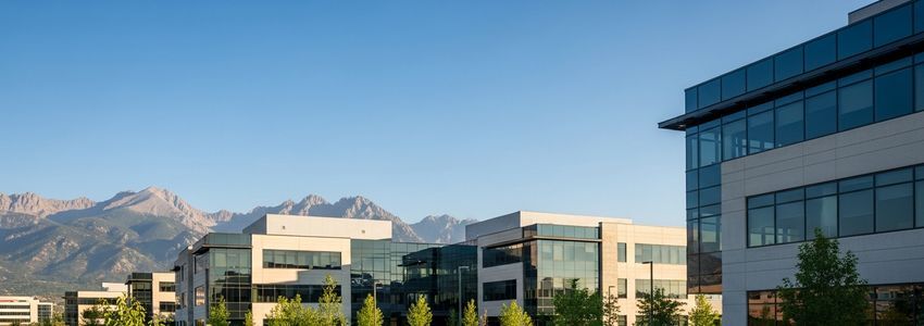 Small business office buildings in Centennial, Colorado commercial district with Rocky Mountain backdrop