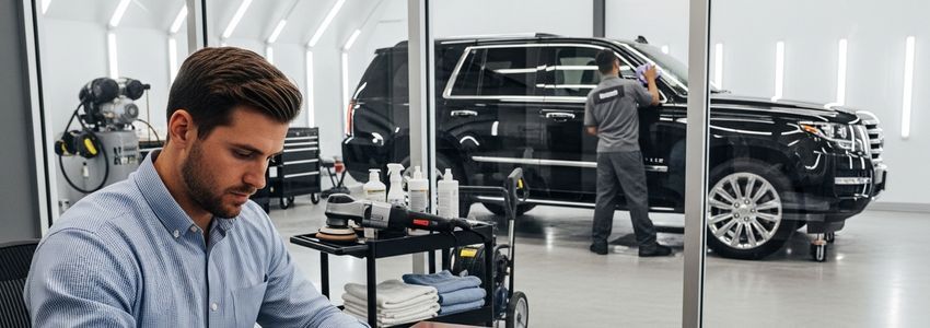 Small business owner reviewing loan documents at a desk in a professional auto detailing and ceramic coating shop