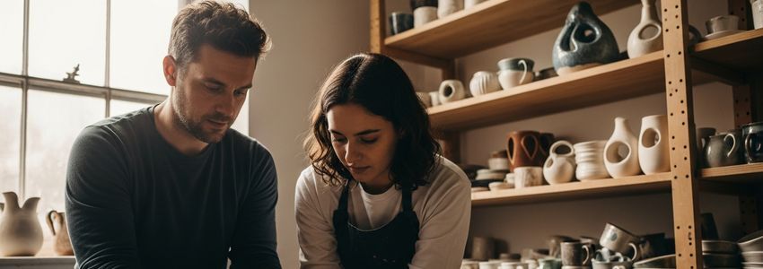 Ceramics instructor teaching pottery at a wheel in a professional studio