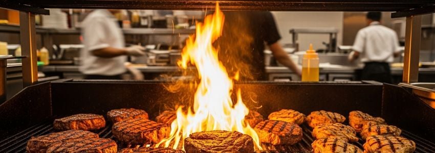 Commercial char-broiler grill with steaks cooking in a restaurant kitchen