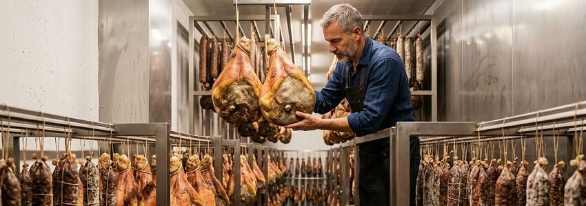 Charcuterie producer inspecting cured salami and prosciutto hanging in a commercial curing chamber