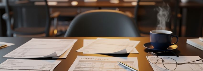 Business professional reviewing financial documents and credit report to understand charge-off impact on financing