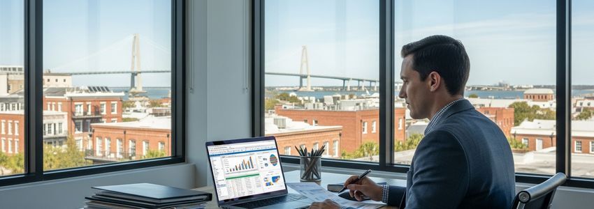 Small business owner reviewing financing options in a Charleston South Carolina office with city view