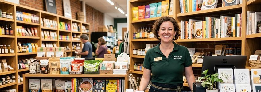 Small business owner serving customers at a retail store counter in Charleston, West Virginia