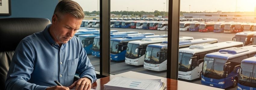Charter bus company owner reviewing financing options with fleet visible in background
