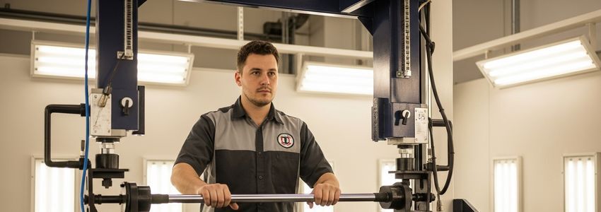 Professional automotive technician operating a chassis liner frame straightening machine in a collision repair center