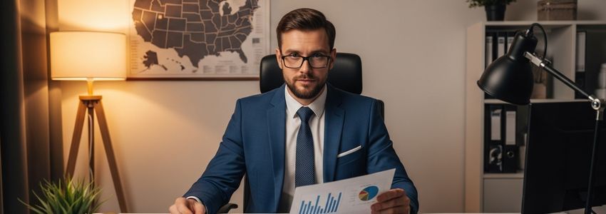 Small business owner reviewing loan documents with US map in background