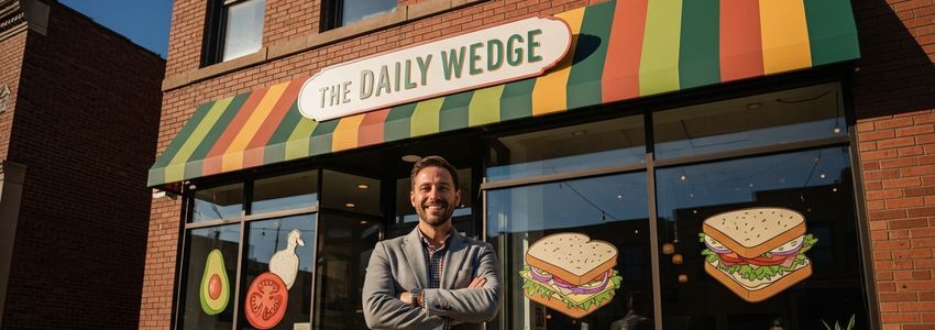 Small business owner reviewing franchise loan documents at a desk with a modern restaurant in the background
