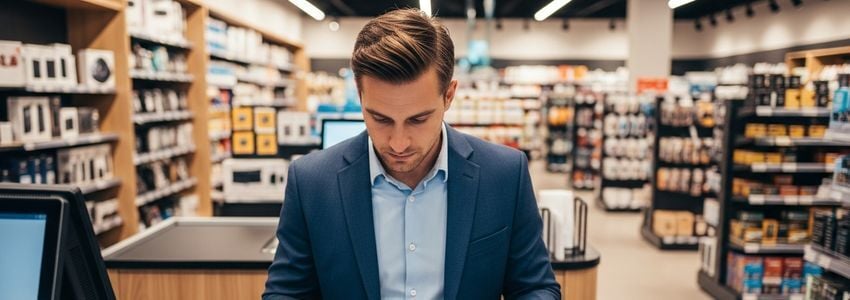 Business owner reviewing checkout counter financing options at a retail store counter