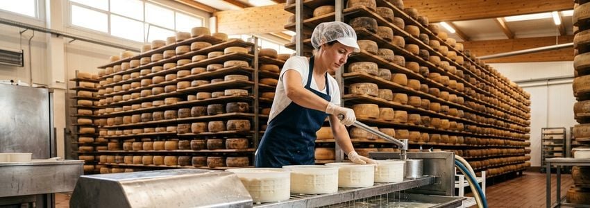 Cheesemaker in a commercial creamery monitoring cheese vats and production equipment