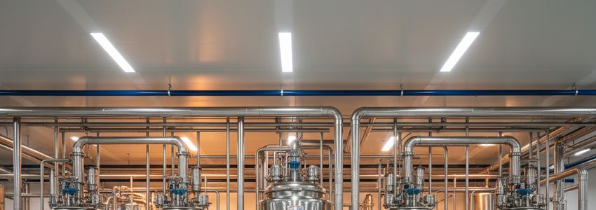 Stainless steel chemical manufacturing reactors and processing equipment in an industrial facility