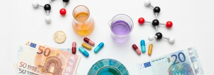 Pharmaceutical manufacturing business loan financing options including medicine capsules, lab equipment and financial documents