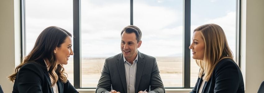 Small business owners reviewing loan documents with a financial advisor in Cheyenne, Wyoming