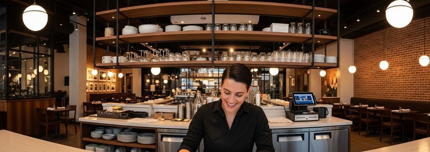 Chicago restaurant owner reviewing business loan documents at counter