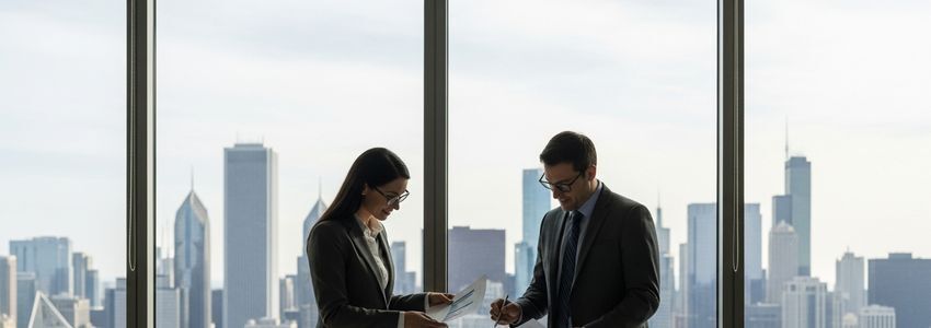 Small business owner reviewing loan documents at a Chicago office