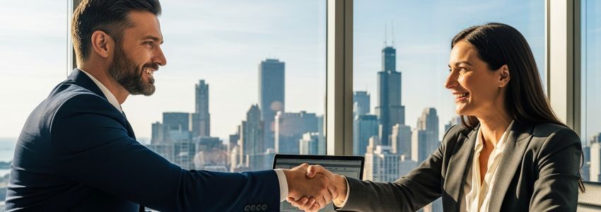 Chicago small business owner meeting with a loan officer to discuss financing options