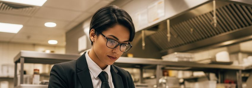 Chicken Express franchise owner reviewing financing paperwork in a commercial restaurant setting