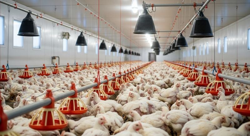 Poultry farm interior showing modern automated chicken houses with professional equipment and healthy flocks