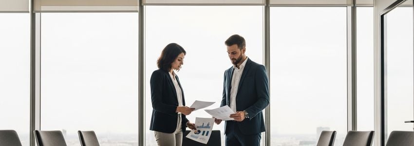 Business professionals reviewing franchise loan documents in a modern office