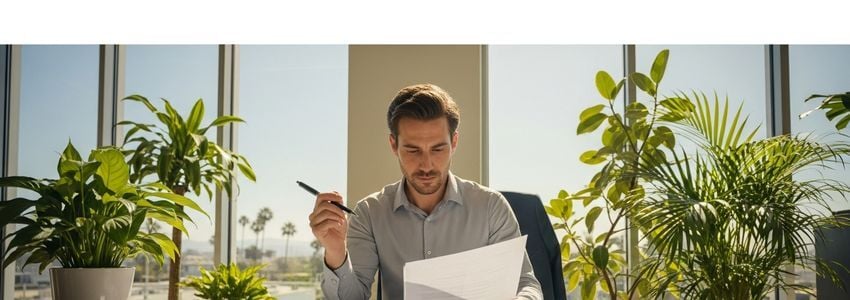 Chico California small business owner reviewing loan documents at a professional office desk