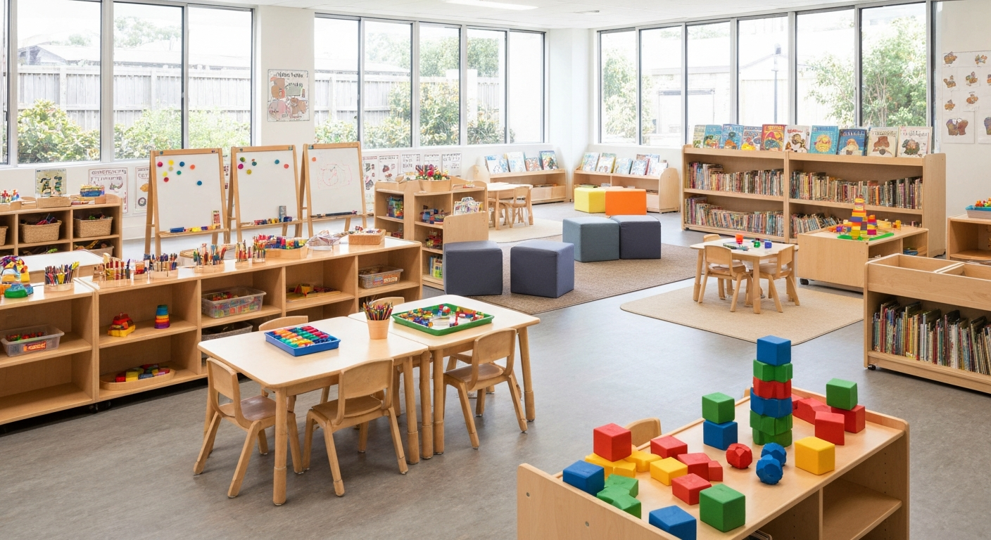 Bright colorful childcare center classroom with children playing and a teacher present