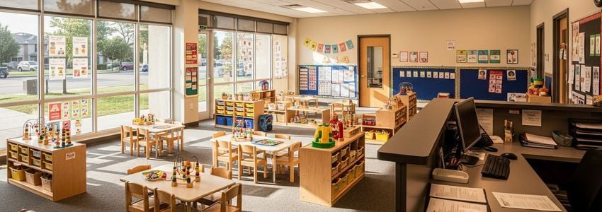 Modern childcare franchise center interior showing classroom setup and learning environment