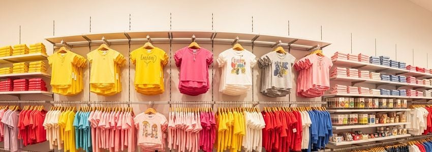 A colorful children's clothing store interior with organized racks of kids apparel and cheerful retail displays