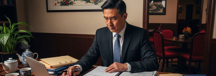 Chinese restaurant owner reviewing business loan financing documents